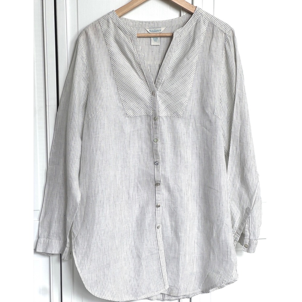 Sundance Womens 100% linen Blue White Pinstripe 100% Med Tunic Coastal Nautical
